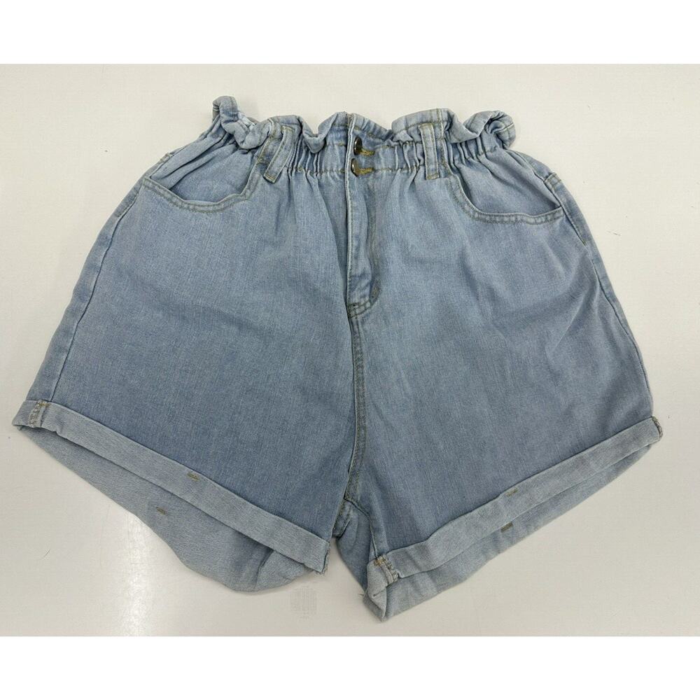 NWTs Womens Plaid&Plain Blue High Waisted Rolled Denim Jean Shorts Size Large
